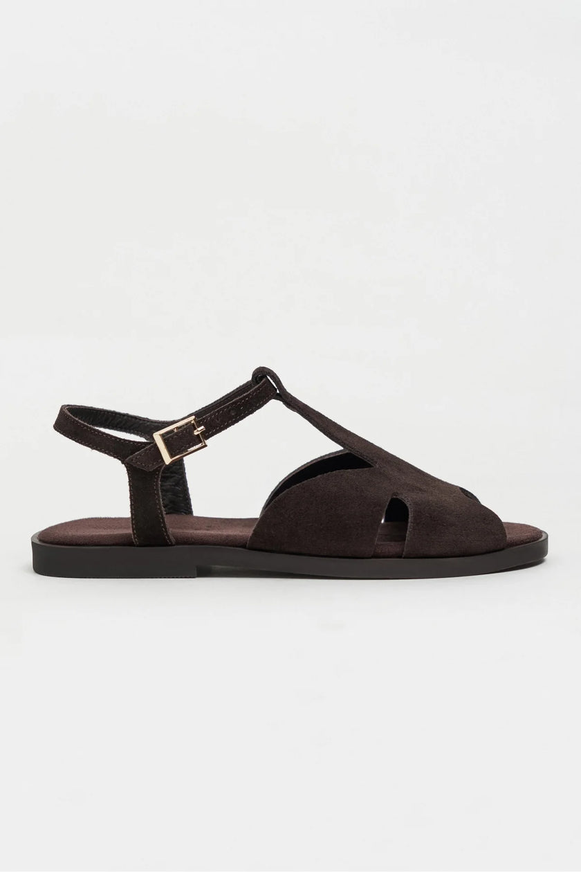 DESSAS BITTER BROWN SUEDE GENUINE LEATHER BUCKLE DETAIL WOMEN’S FLAT OPEN-TOE SANDALS
