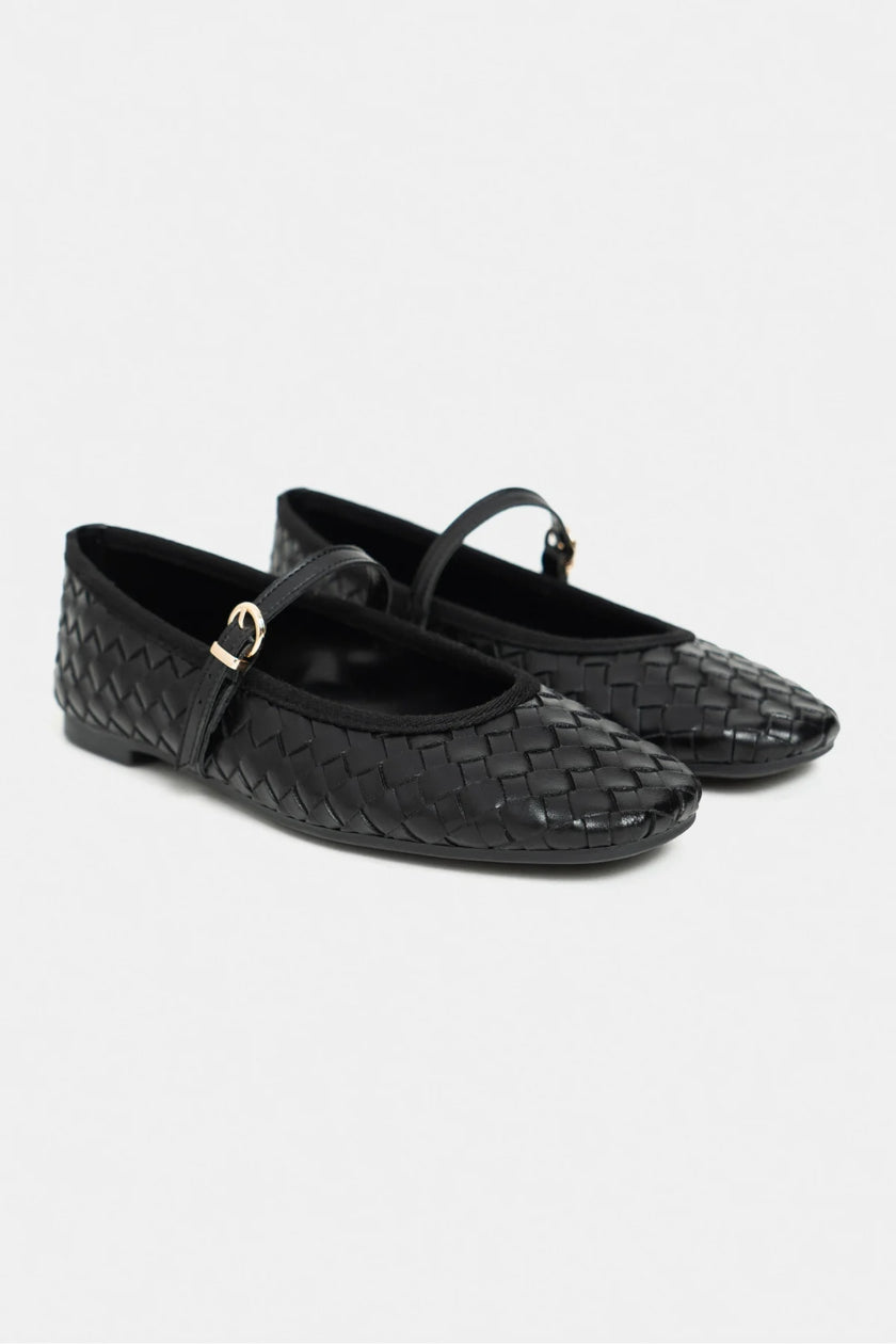 JEREMI Black Pattern Matte Buckle Detail Women’s Ballet Flats