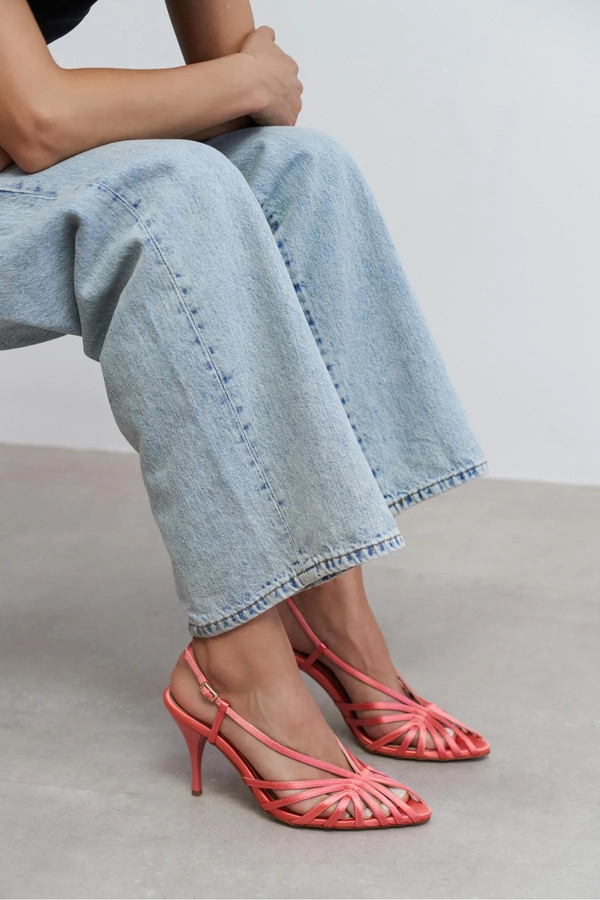 ERYU Salmon Satin Peep Toe Cage Detail Women’s Heeled Shoes