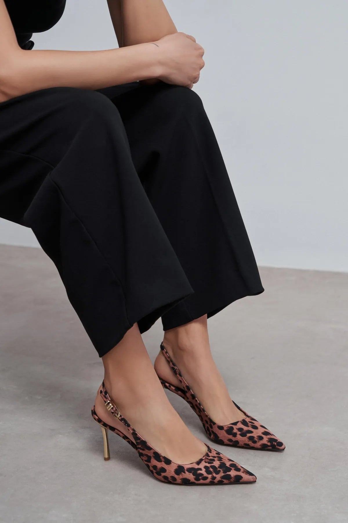 VIORA Leopard Satin Buckle Detail Women’s Gold Heel Shoes