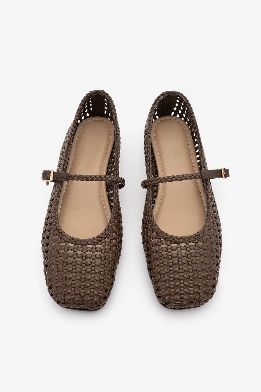 LIYEN Brown Handwoven Mary Jane Strap Women’s Ballet Flats