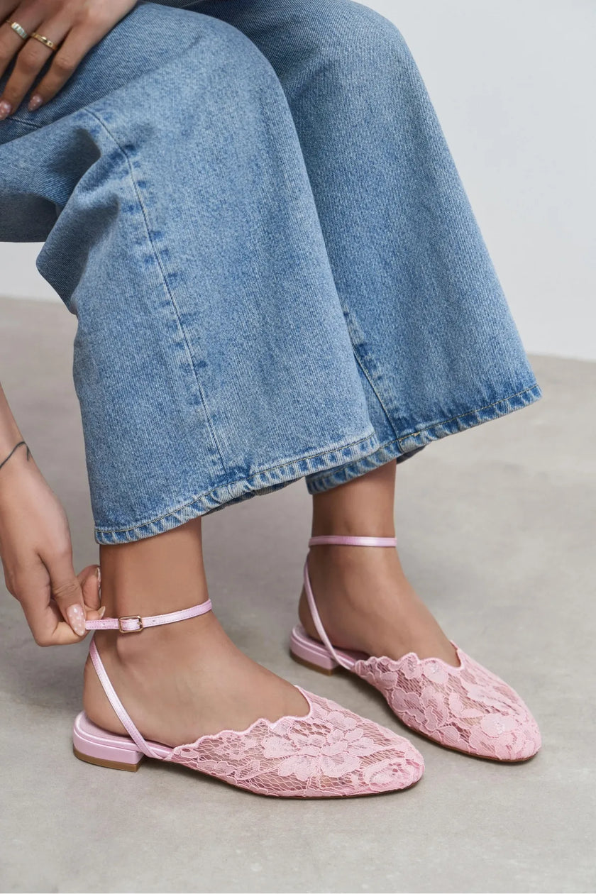 TRACY Candy Pink Lace Detail Back Strap Buckled Women’s Heeled Sandals