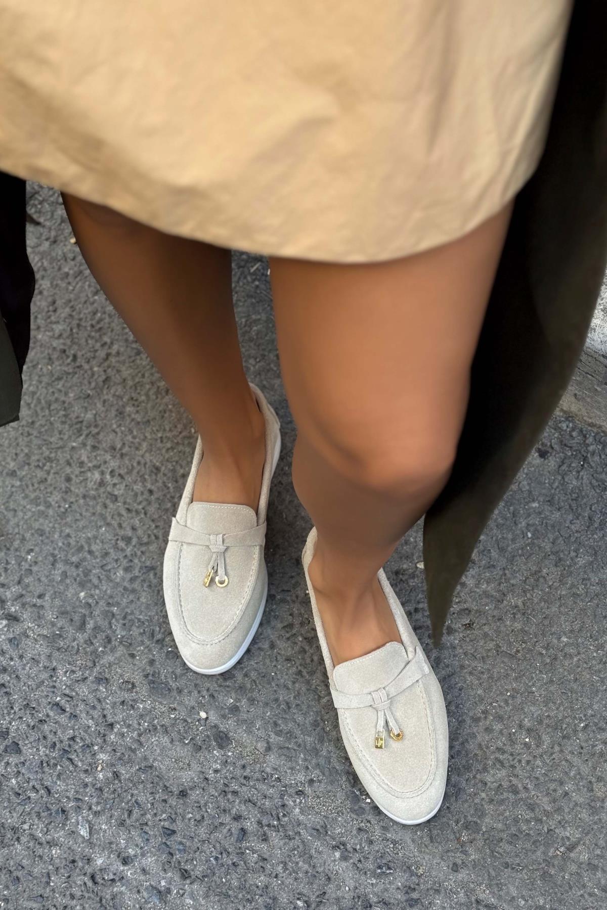 Warner Beige Genuine Leather Tassel Detail Flat Sole Women's Ballerinas