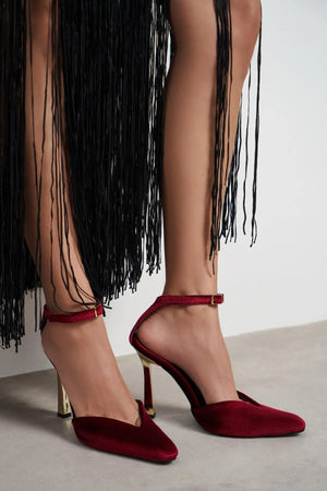 VIBE Burgundy Velvet Ankle Strap Women’s Gold Heel Shoes