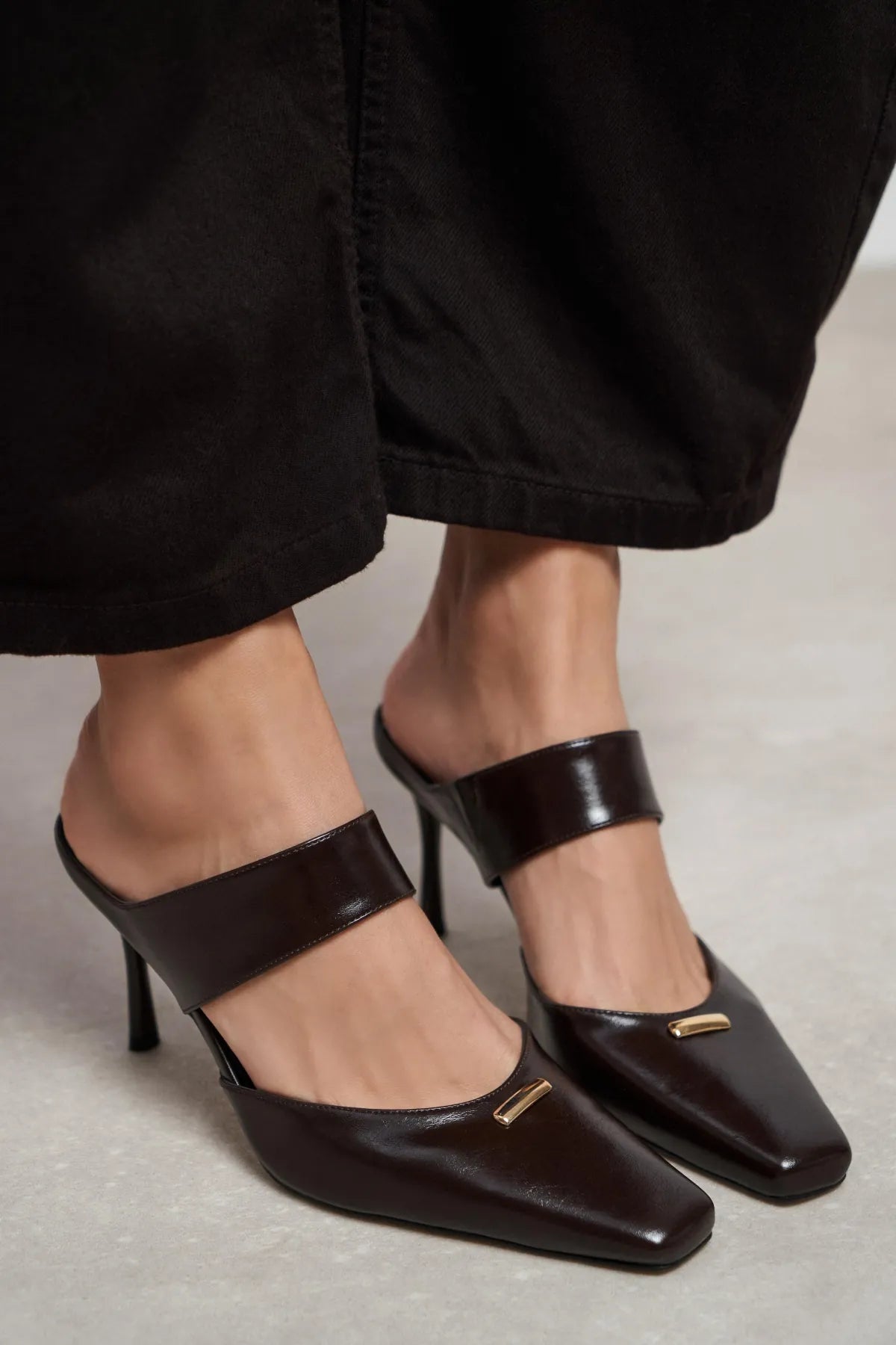 RANA Coffee Rustic Pattern Ankle Strap Buckle Detail Women’s Heel Shoes