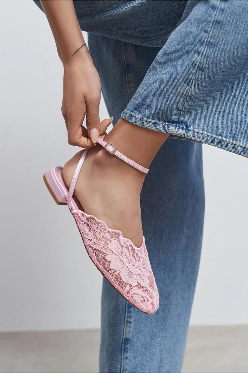 TRACY Candy Pink Lace Detail Back Strap Buckled Women’s Heeled Sandals
