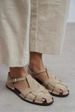 Beige Suede Leather Buckle Detail Women’s Flat Sandals