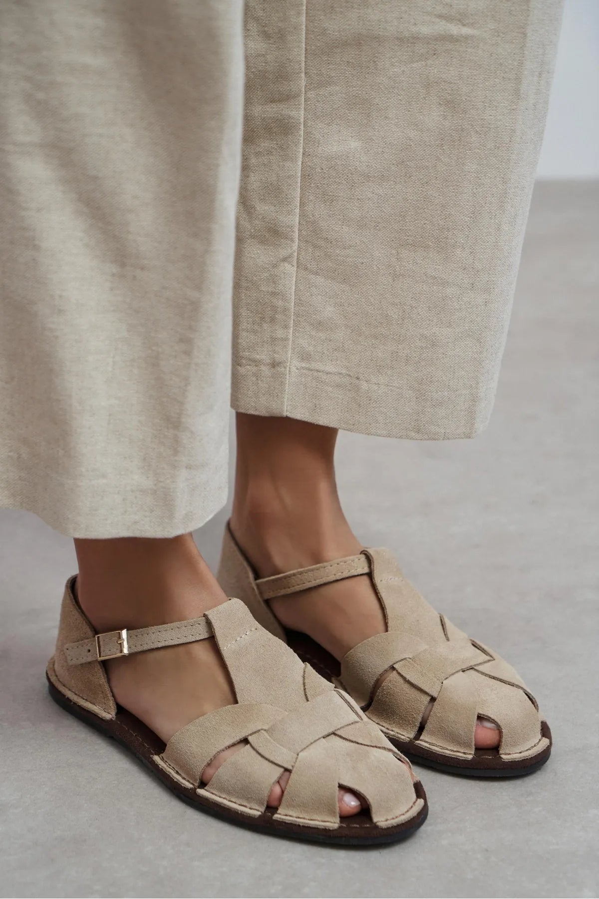 Beige Suede Leather Buckle Detail Women’s Flat Sandals | FOOTWEAR | SANDALET | Lebbse Beige Suede Leather Buckle Detail Women’s Flat Sandals | FOOTWEAR | SANDALET | Lebbse