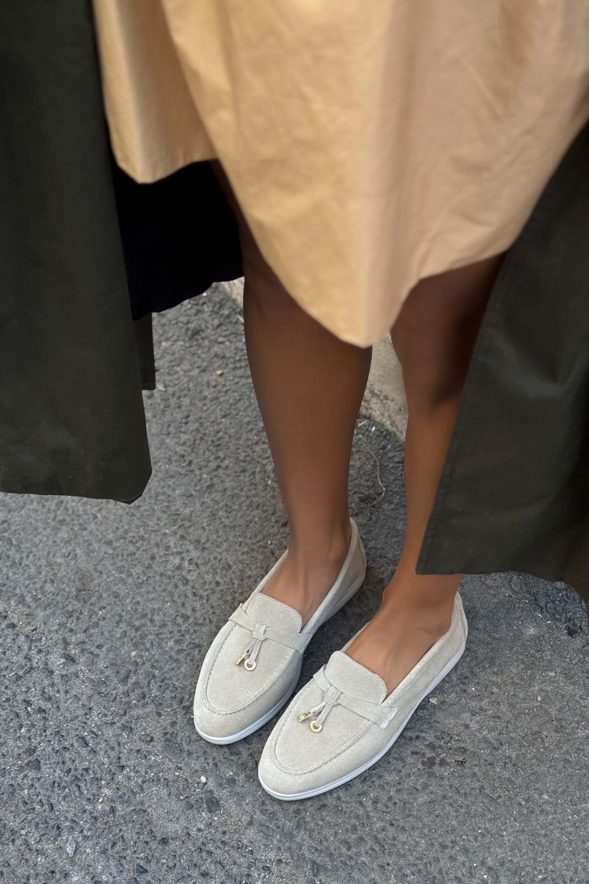 Warner Beige Genuine Leather Tassel Detail Flat Sole Women's Ballerinas