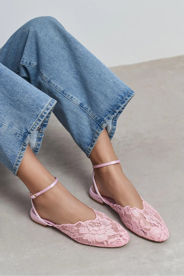 TRACY Candy Pink Lace Detail Back Strap Buckled Women’s Heeled Sandals