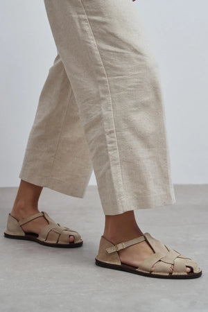 SOLTO Beige Suede Leather Buckle Detail Women’s Flat Sandals