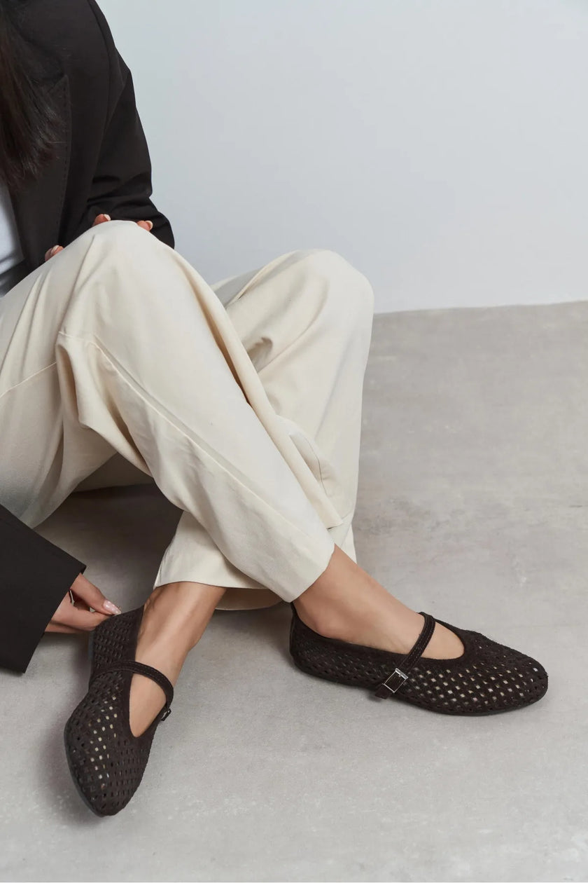 BELINDA Coffee Suede Leather Studded Buckle Detail Women’s Ballerina Flats