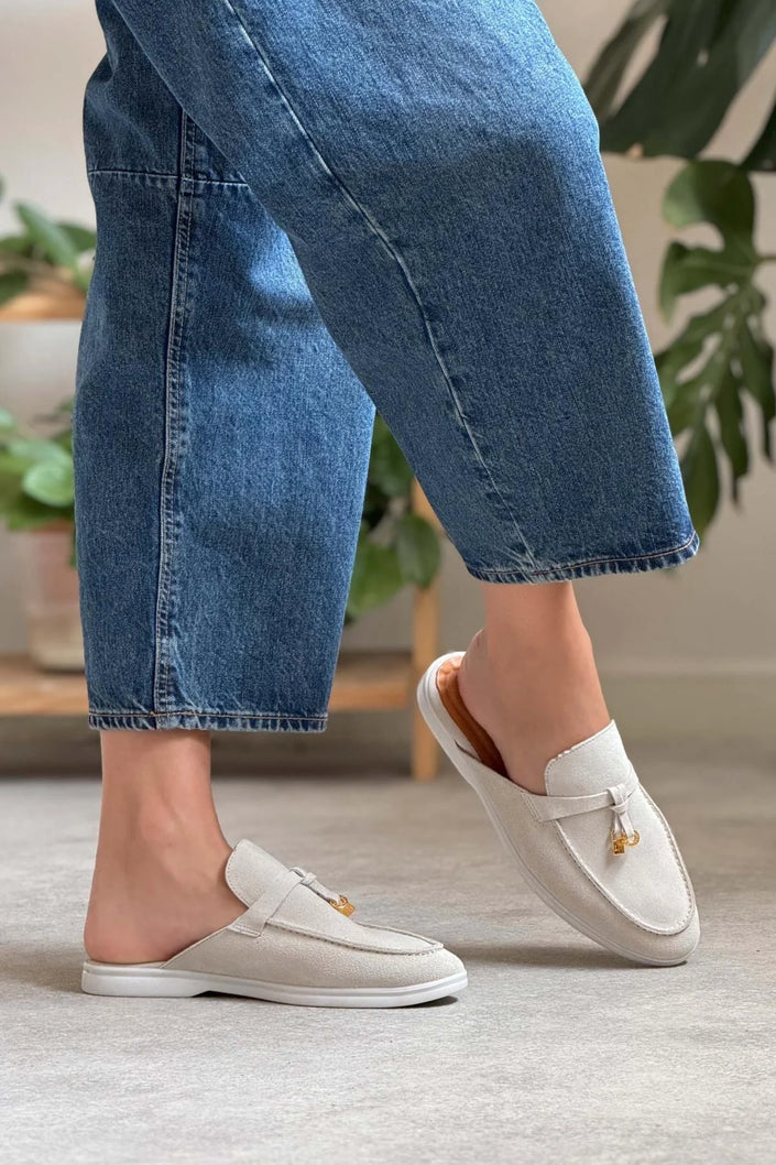 Most Beige Suede Genuine Leather Tassel Detail Flat Sole Women's Slippers