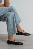 JEREMI Black Pattern Matte Buckle Detail Women’s Ballet Flats