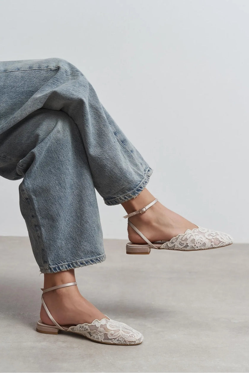 Tracy Beige Lace Detail Back-Strap Buckle Flat Sandals