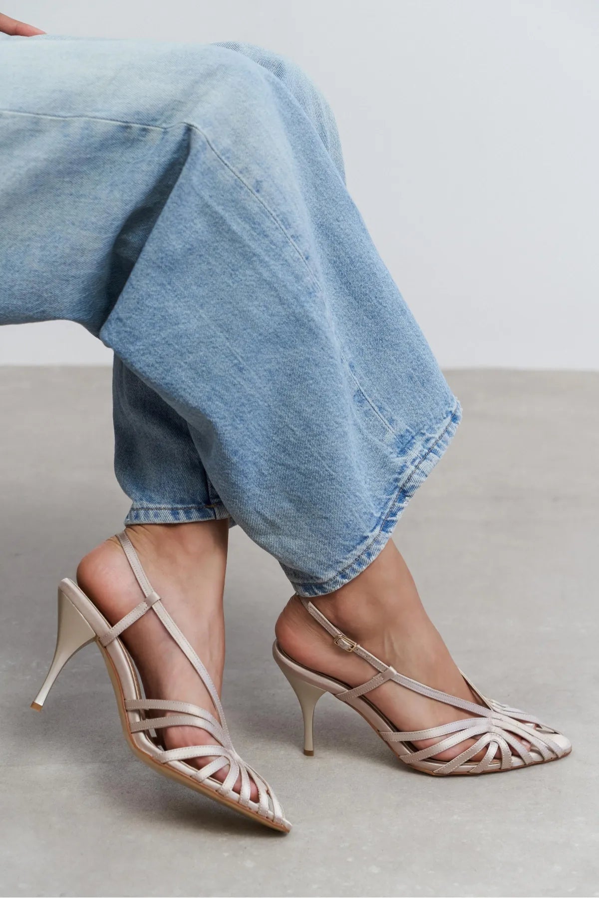 ERYU Dark Beige Satin Peep Toe Cage Detail Women’s Heeled Shoes