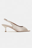 SALVA Sand Beige Satin Pointed Toe Open Front Women’s Heels