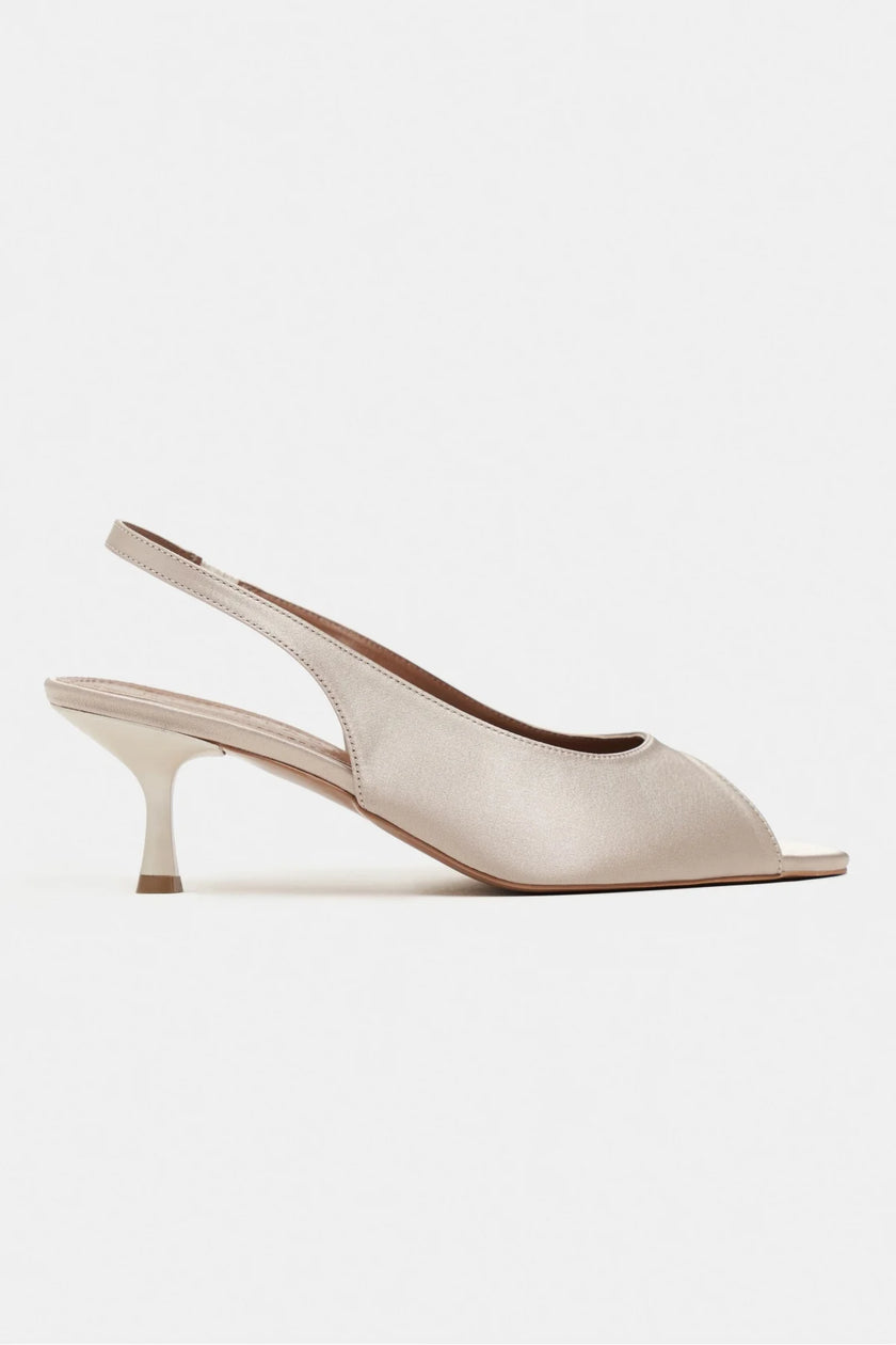 SALVA Sand Beige Satin Pointed Toe Open Front Women’s Heels