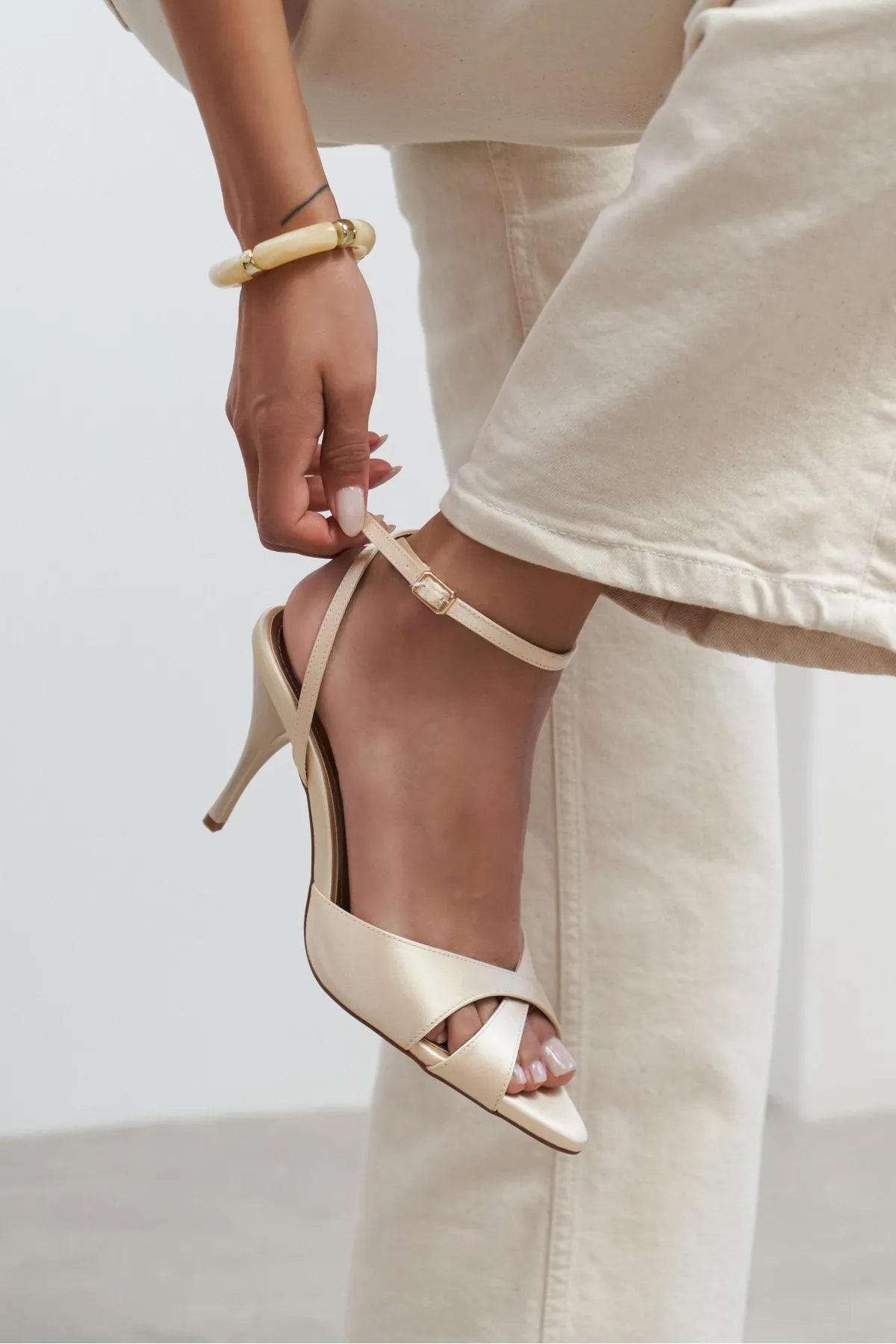 MONICA Beige Satin Ankle-Strap Detail Women’s Slim High-Heel Shoes | FOOTWEAR | Heels | Lebbse MONICA Beige Satin Ankle-Strap Detail Women’s Slim High-Heel Shoes | FOOTWEAR | Heels | Lebbse