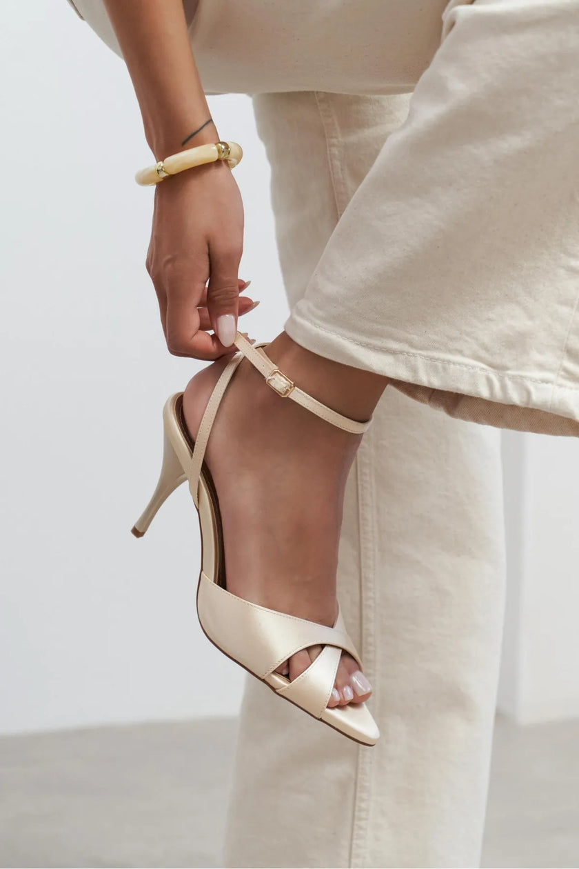 MONICA Beige Satin Ankle-Strap Detail Women’s Slim High-Heel Shoes