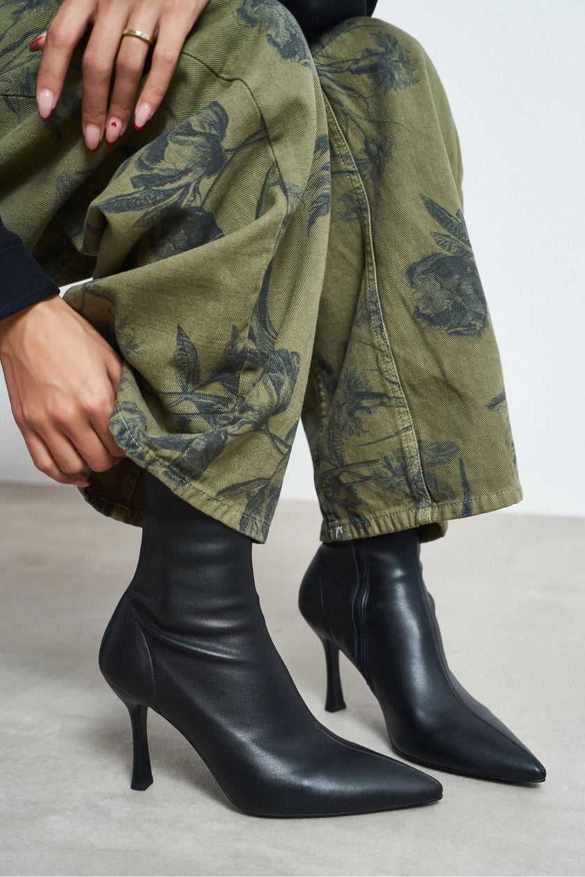 PALMA Black Matte Stretch Pointed-Toe Ankle Boots – 8 cm Stiletto Heel