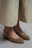 S-HARMONY Dark Beige Suede Square Toe Buckle Detail Low Heel Women’s Ballet Flats