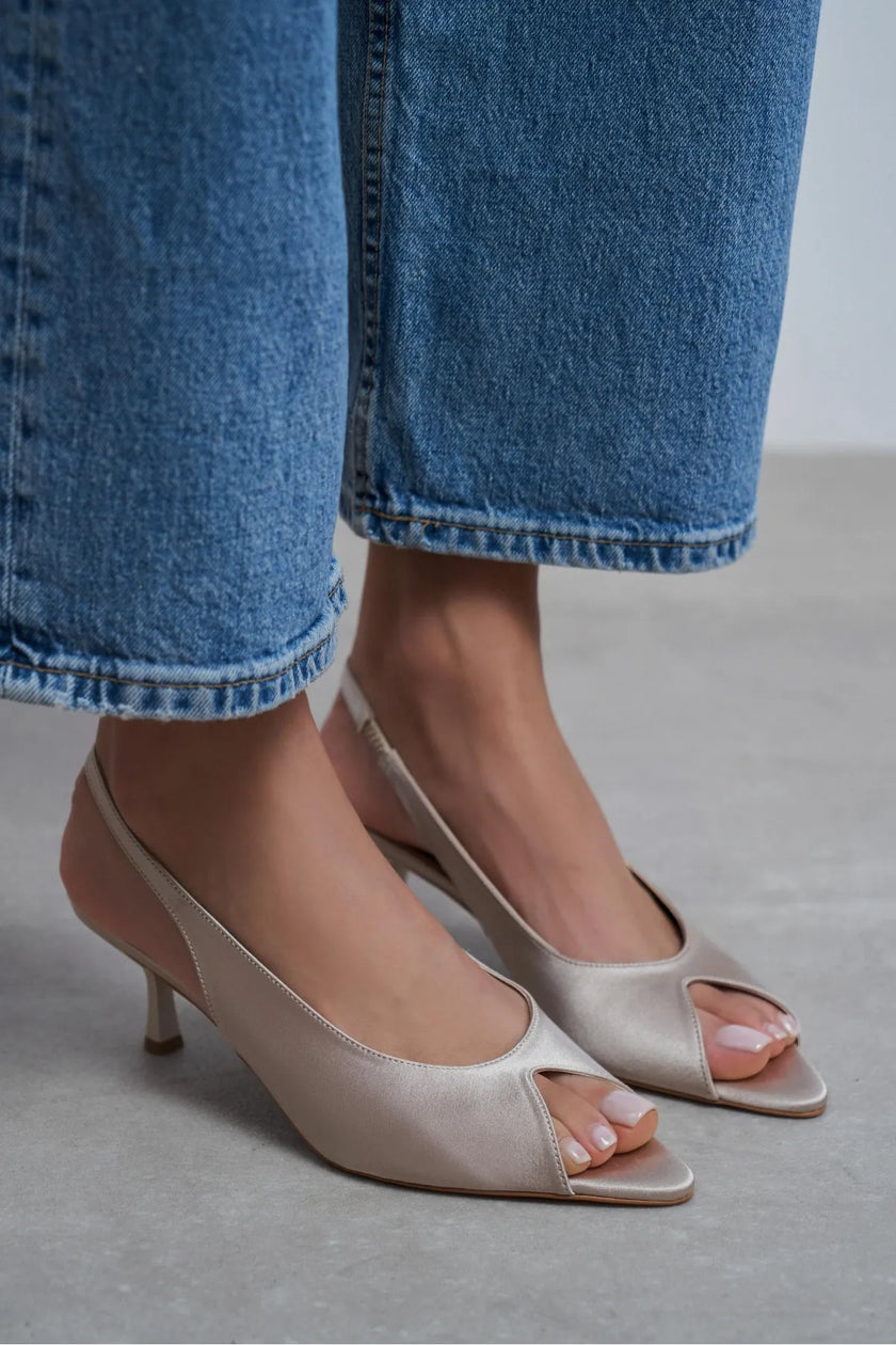 SALVA Sand Beige Satin Pointed Toe Open Front Women’s Heels