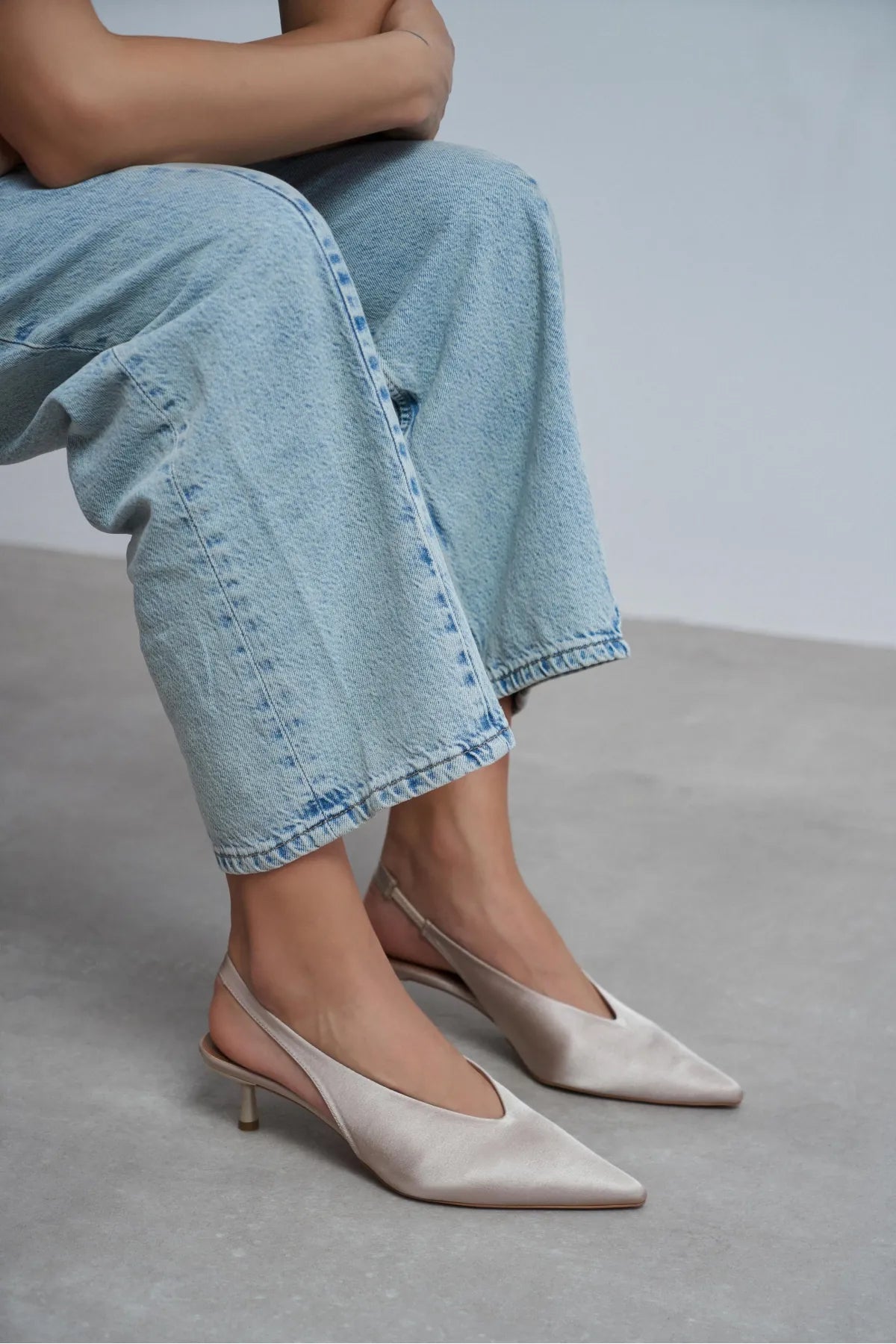WILSON Sand Beige Satin Neoprene Slingback Women’s Heels