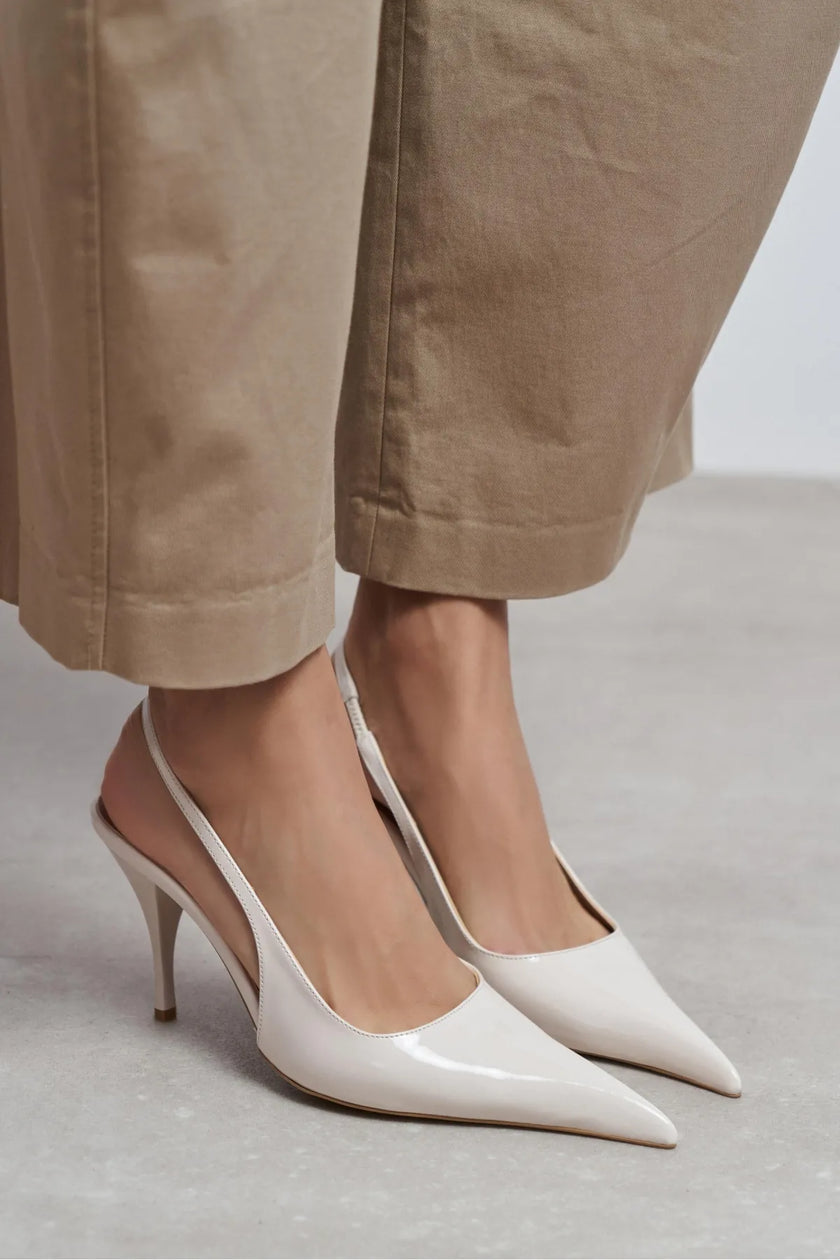 MEHRU Beige Patent Buckle Detail Pointed Toe Women’s Heels