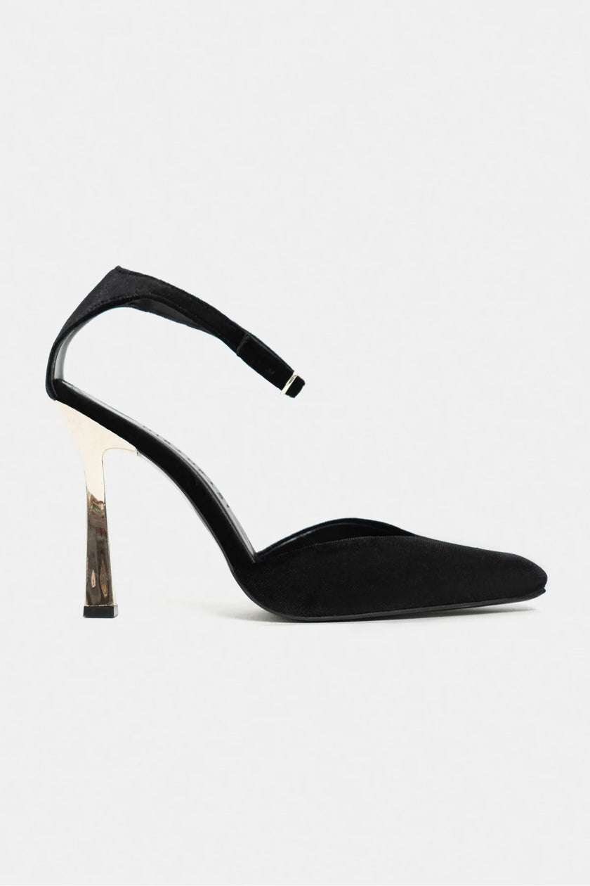 VIBE Black Velvet Ankle Strap Women’s Gold Heel Shoes