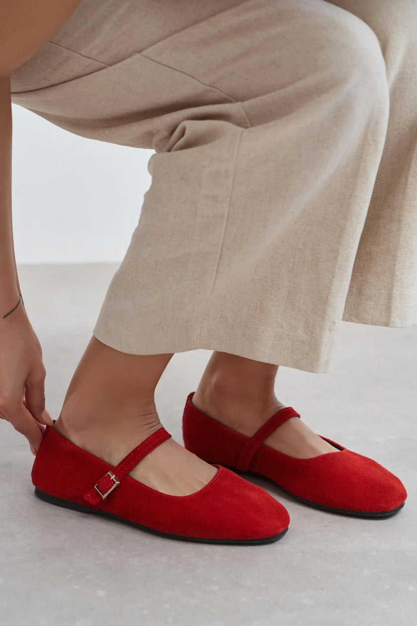 MONO Red Suede Genuine Leather Buckle Detail Women’s Ballet Flats