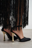 VIBE Black Velvet Ankle Strap Women’s Gold Heel Shoes