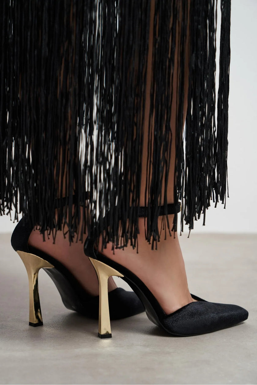 VIBE Black Velvet Ankle Strap Women’s Gold Heel Shoes