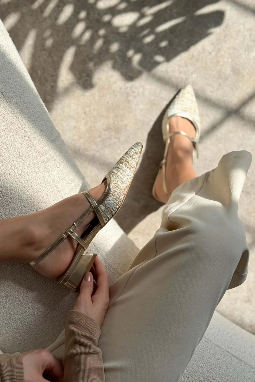 X-Harmony Colorful Kilim Dore Detail Belt Detail Pointed Toe Short Heeled Women's Ballerinas