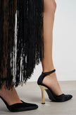 VIBE Black Velvet Ankle Strap Women’s Gold Heel Shoes