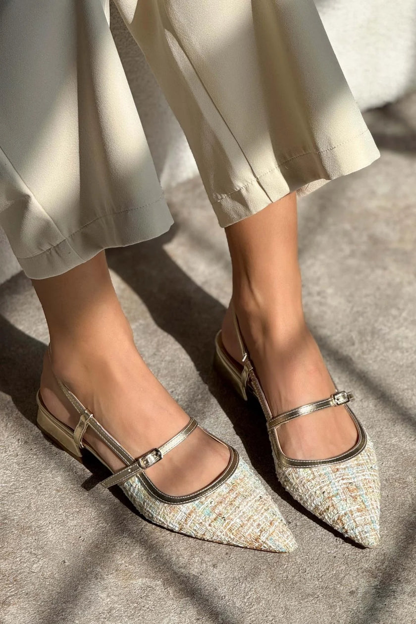 X-Harmony Colorful Kilim Dore Detail Belt Detail Pointed Toe Short Heeled Women's Ballerinas