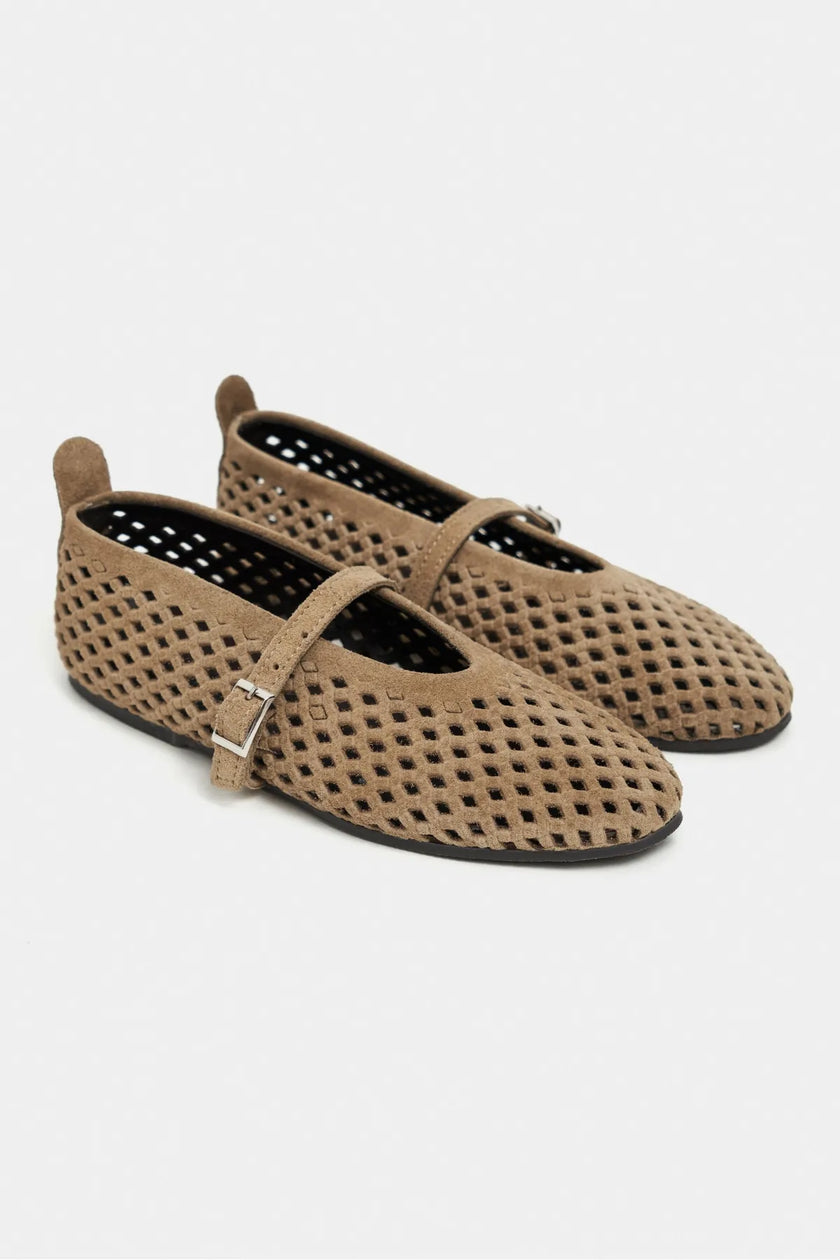 BELINDA Rome Beige Suede Leather Studded Buckle Detail Women’s Ballerina Flats