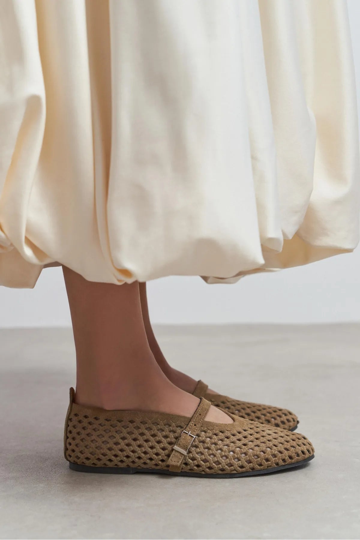 BELINDA Rome Beige Suede Leather Studded Buckle Detail Women’s Ballerina Flats