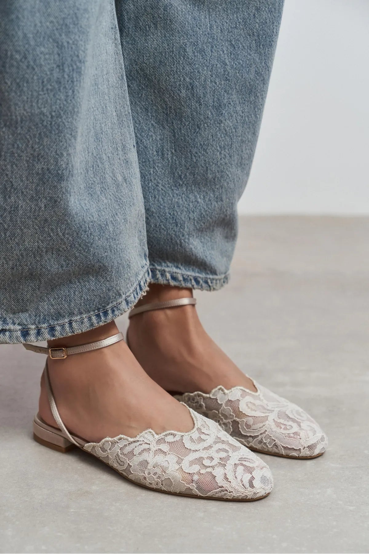 Tracy Beige Lace Detail Back-Strap Buckle Flat Sandals