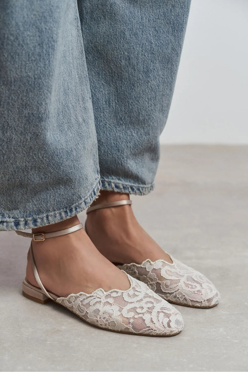 Tracy Beige Lace Detail Back-Strap Buckle Flat Sandals