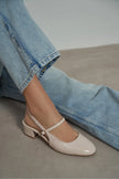 TEDY Beige Patent Square Toe Buckle Detail Slingback Women’s Low Heel Flats