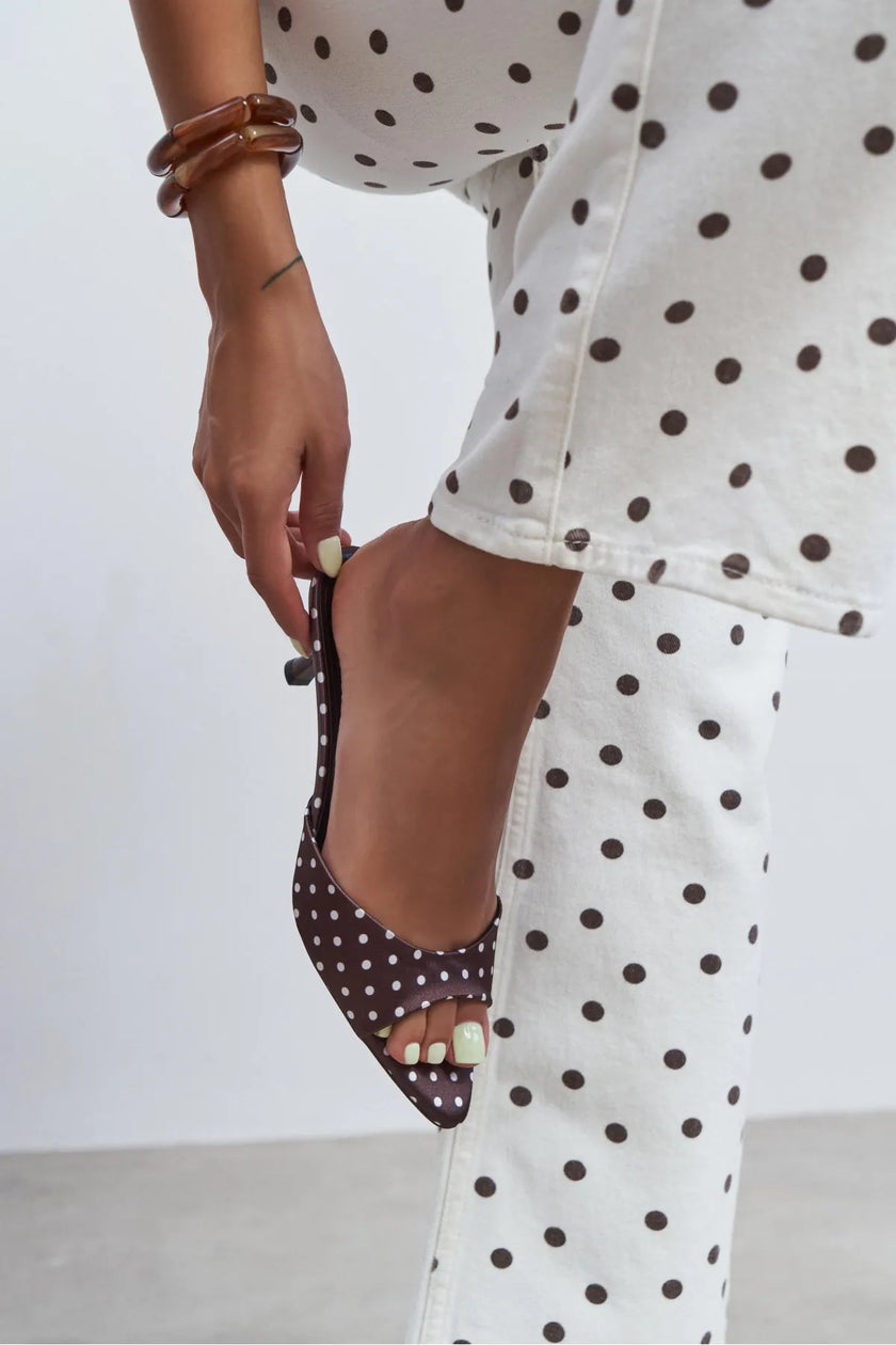 PROMISE Brown Polka Dot Patterned Pointed-Toe Women's Heeled Slippers