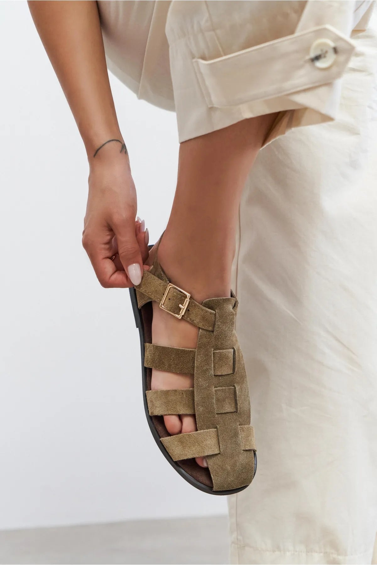ORBIT Rome Beige Suede Genuine Leather Buckle Detail Flat Women’s Sandals
