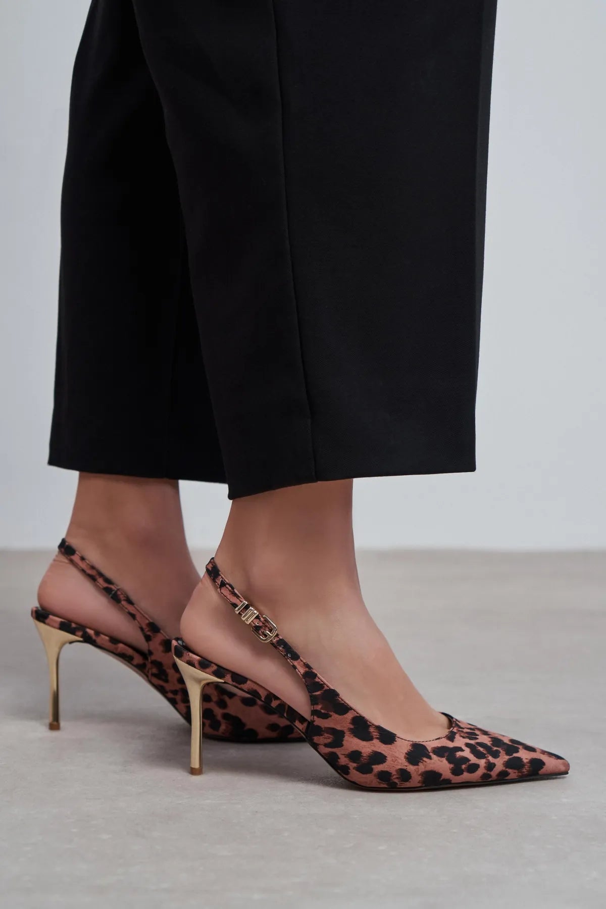 VIORA Leopard Satin Buckle Detail Women’s Gold Heel Shoes