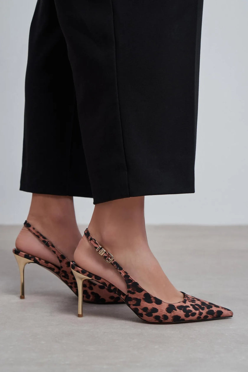 VIORA Leopard Satin Buckle Detail Women’s Gold Heel Shoes
