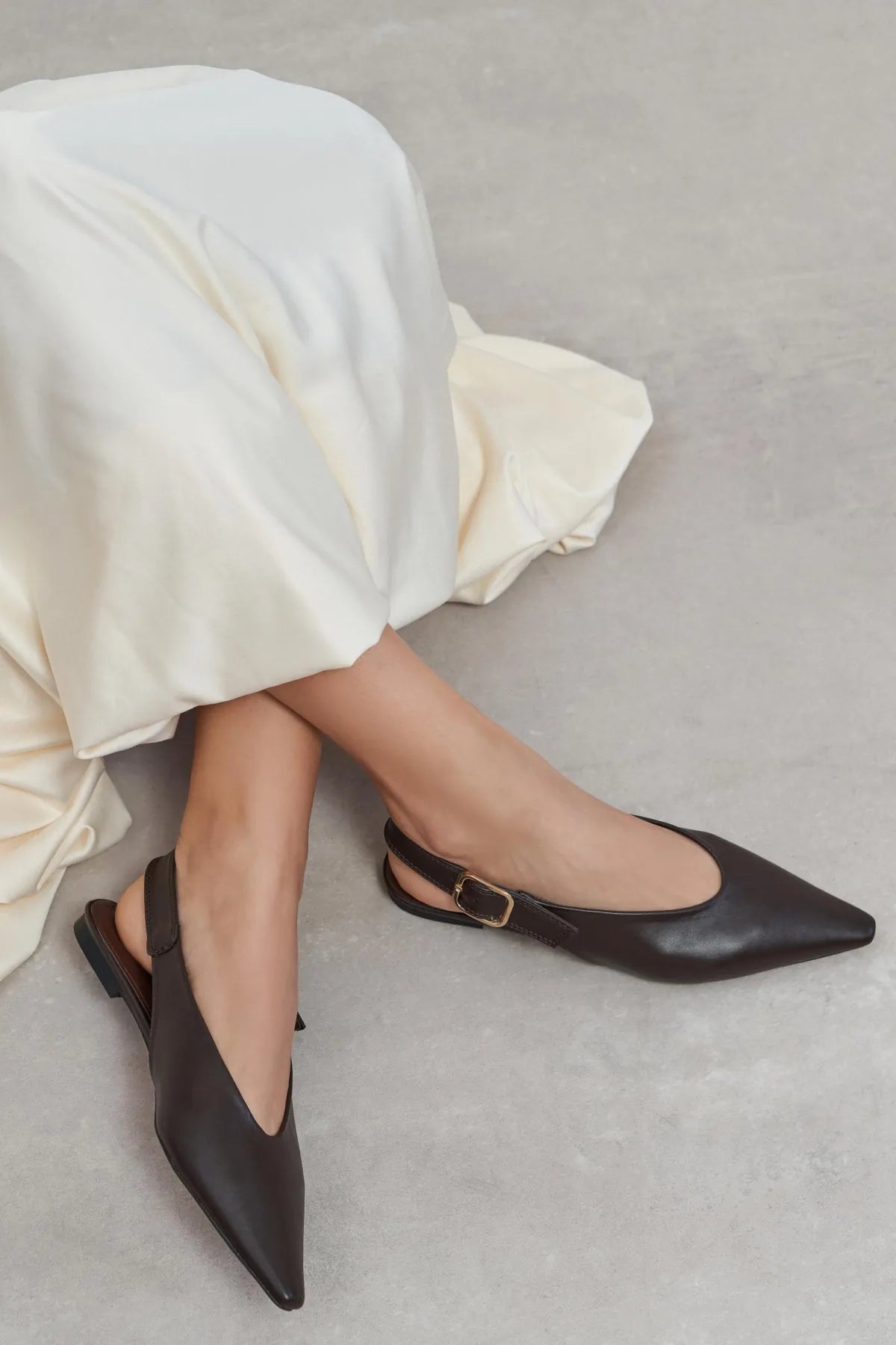 TESSA Brown Matte Pointed Toe Buckle Detail Low Heel Women’s Flats