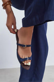 CALINA Navy Blue Suede Double Buckle Women's Flat Slippers