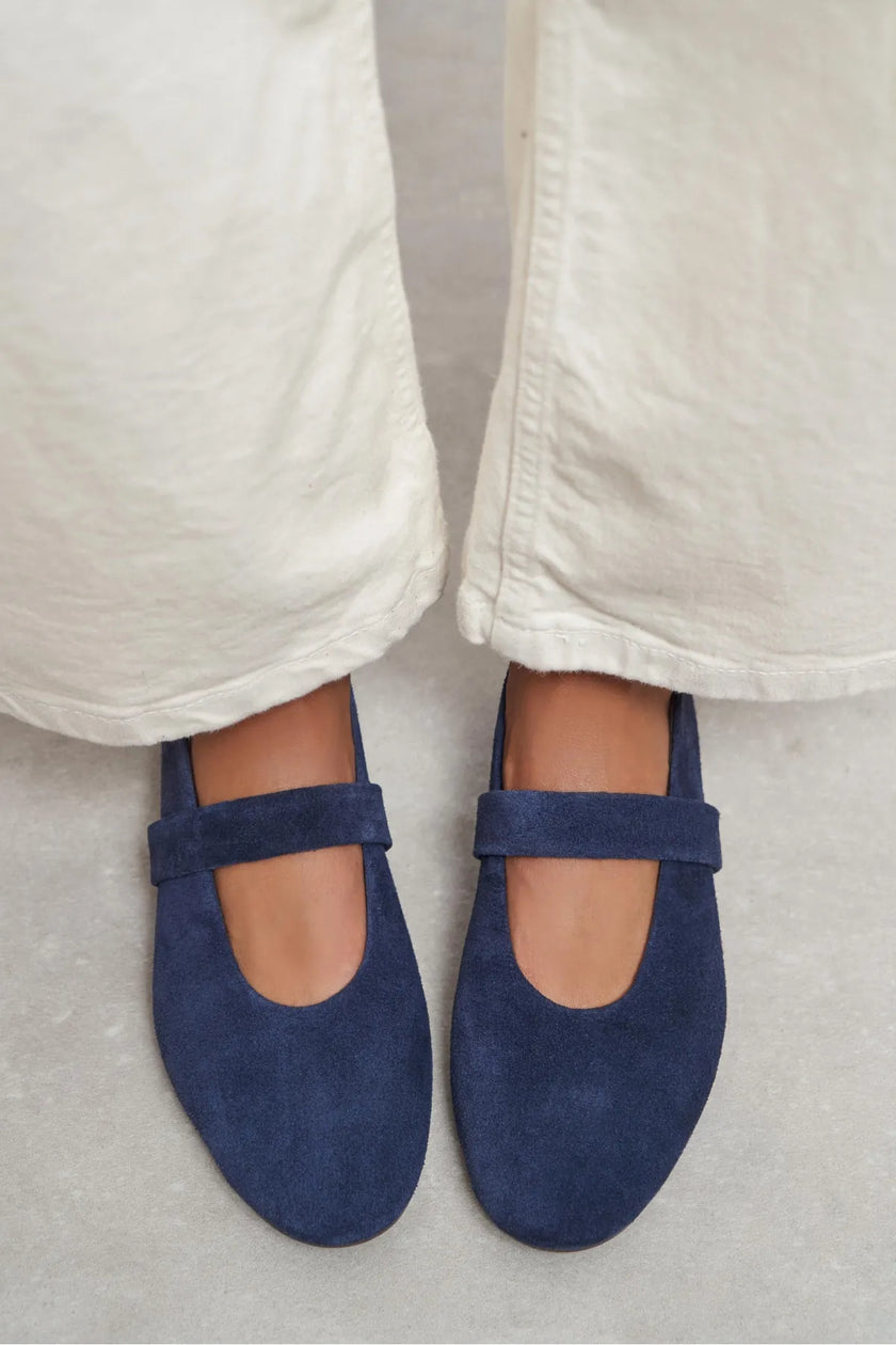 Tectum Navy Blue Suede Genuine Leather Medium-Band Flat Women's Ballet Flats