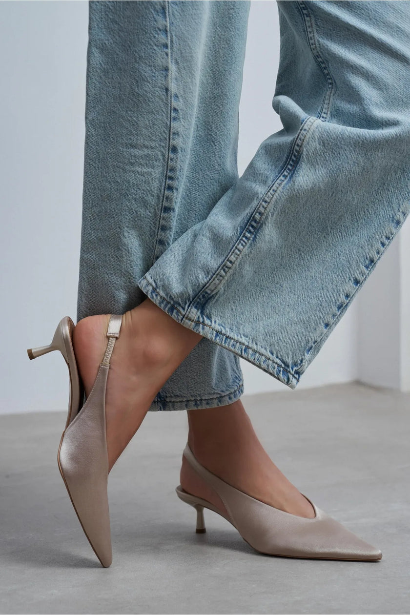 WILSON Sand Beige Satin Neoprene Slingback Women’s Heels