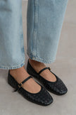 JEREMI Black Pattern Matte Buckle Detail Women’s Ballet Flats